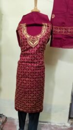 Cotton Kantha Stitch Dress Material – Wine Geometric Lattice 3-Piece Set - Image 3