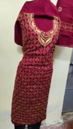 Cotton Kantha Stitch Dress Material – Wine Geometric Lattice 3-Piece Set - Image 9