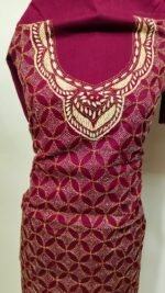 Cotton Kantha Stitch Dress Material – Wine Geometric Lattice 3-Piece Set - Image 8