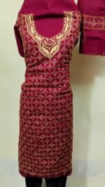 Cotton Kantha Stitch Dress Material – Wine Geometric Lattice 3-Piece Set