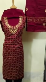 Cotton Kantha Stitch Dress Material – Wine Geometric Lattice 3-Piece Set - Image 2