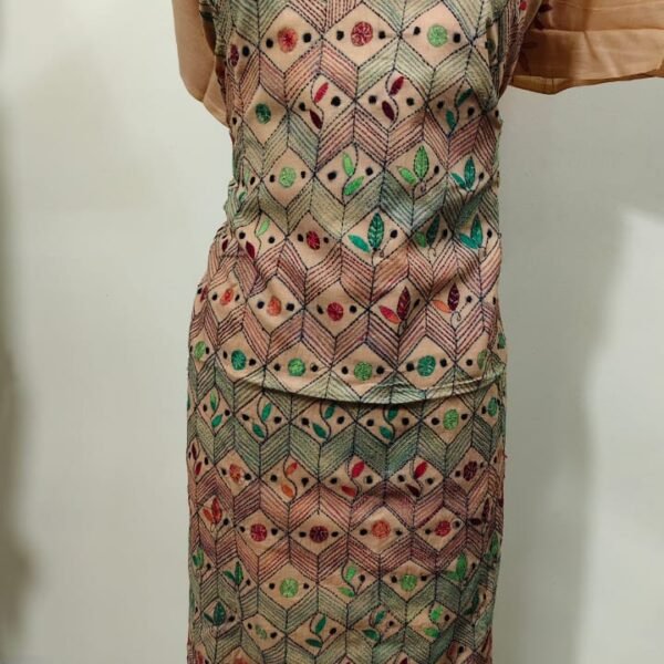 Cotton Kantha Sewing Dress Material – Bali Beige Hexa-Leaf 3-Piece Set