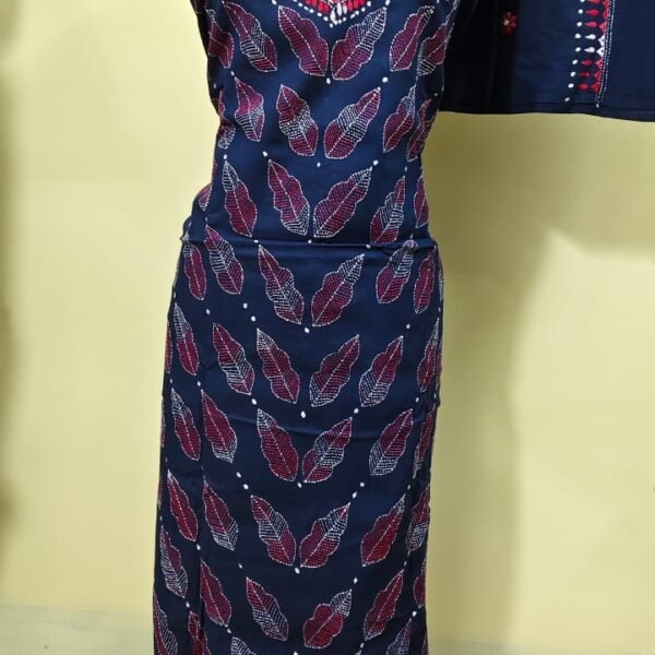 Cotton Kantha Stitch Dress Material – Navy Leaf Butti 3-Piece Set