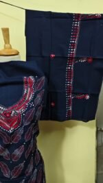Cotton Kantha Stitch Dress Material – Navy Leaf Butti 3-Piece Set - Image 4