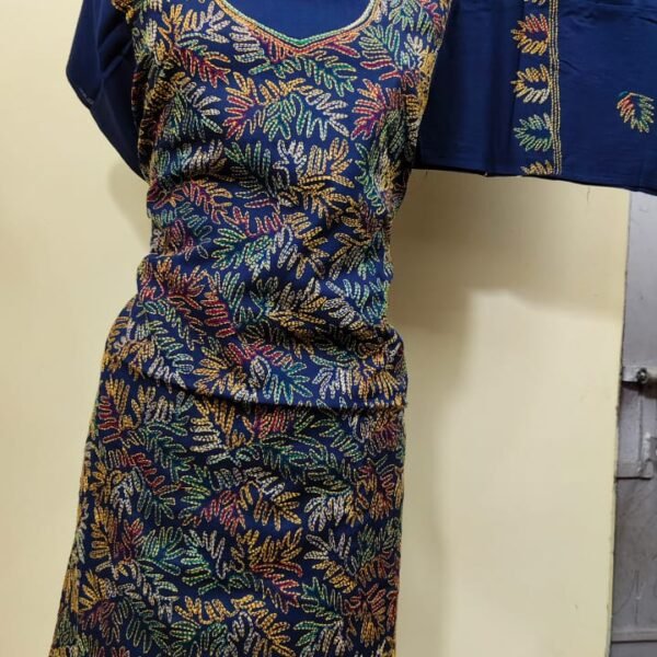 Cotton Kantha Stitch Dress Material – Navy Multicolor Leaf All-Over 3-Piece Set
