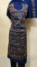 Cotton Kantha Stitch Dress Material – Navy Multicolor Leaf All-Over 3-Piece Set - Image 4