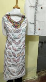 Cotton Kantha Stitch Dress Material – White Pastel Leaf Buti 3-Piece Set - Image 4