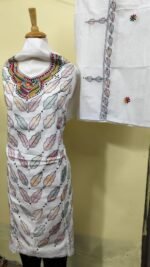 Cotton Kantha Stitch Dress Material – White Pastel Leaf Buti 3-Piece Set - Image 5