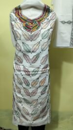 Cotton Kantha Stitch Dress Material – White Pastel Leaf Buti 3-Piece Set - Image 2