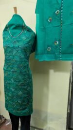 Cotton Kantha Stitch Dress Material – Green Petal Lattice (3-Piece Set)
