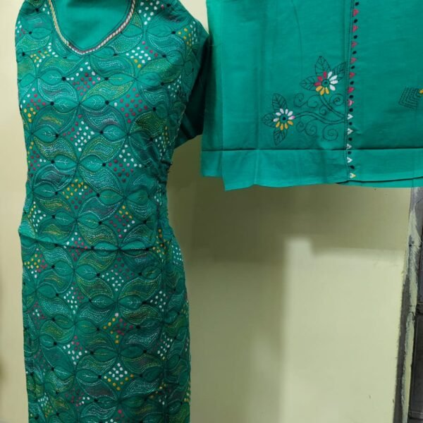 Cotton Kantha Stitch Dress Material – Green Petal Lattice (3-Piece Set)