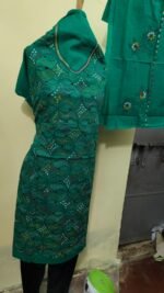 Cotton Kantha Stitch Dress Material – Green Petal Lattice (3-Piece Set) - Image 6