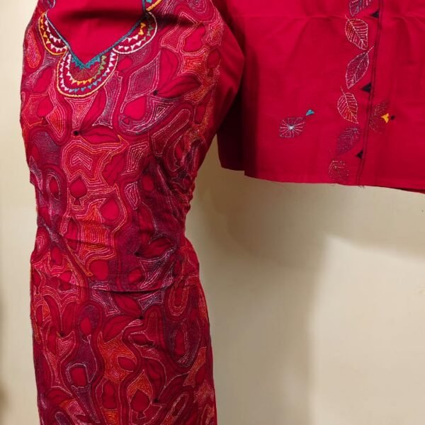 Cotton Kantha Stitch Dress Material – Red Suit Piece (3-Set)