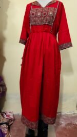 Women Red Long Gown (Contrast Yoke and Border)