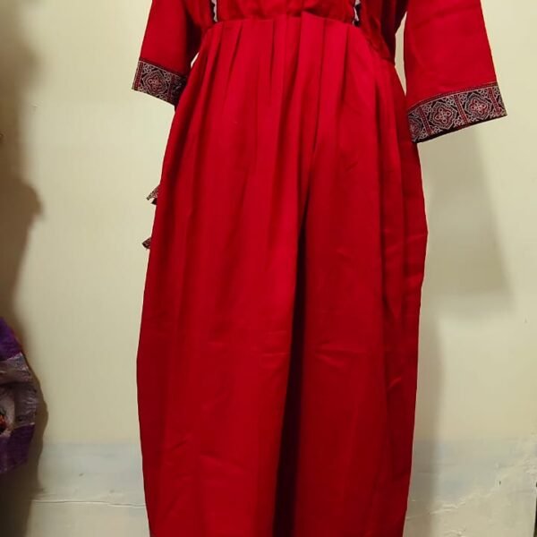 Women Red Long Gown (Contrast Yoke and Border)