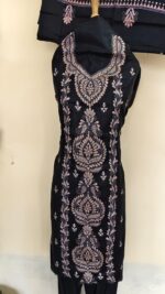 Kantha Stitch Salwar Suit Material – Black with Peach Embroidery