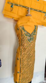 Kantha Stitch Salwar Suit Material – Yellow with Green & White Embroidery - Image 5