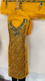 Kantha Stitch Salwar Suit Material – Yellow with Green & White Embroidery - Image 6