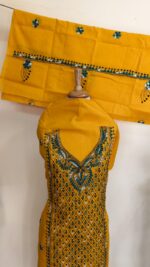 Kantha Stitch Salwar Suit Material – Yellow with Green & White Embroidery - Image 7