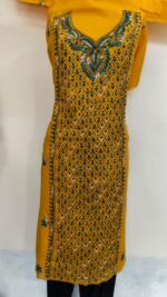 Kantha Stitch Salwar Suit Material – Yellow with Green & White Embroidery - Image 2