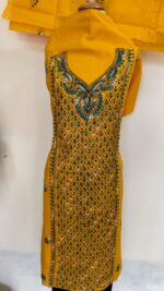 Kantha Stitch Salwar Suit Material – Yellow with Green & White Embroidery - Image 3