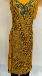 Kantha Stitch Salwar Suit Material – Yellow with Green & White Embroidery - Image 4