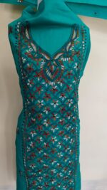 Kantha Stitch Salwar Suit Material – Turquoise Green with Multicolor Floral Embroidery - Image 6