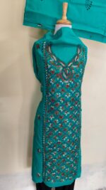 Kantha Stitch Salwar Suit Material – Turquoise Green with Multicolor Floral Embroidery - Image 2