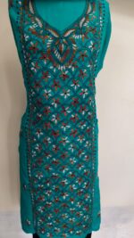 Kantha Stitch Salwar Suit Material – Turquoise Green with Multicolor Floral Embroidery - Image 5