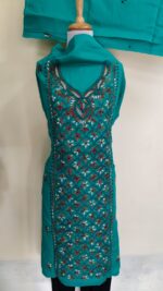 Kantha Stitch Salwar Suit Material – Turquoise Green with Multicolor Floral Embroidery