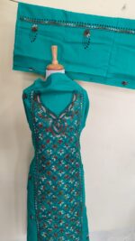 Kantha Stitch Salwar Suit Material – Turquoise Green with Multicolor Floral Embroidery - Image 4