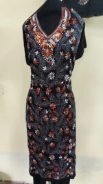 Kantha Salwar Suit Material – Black with White & Rust Floral Embroidery