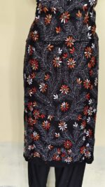 Kantha Salwar Suit Material – Black with White & Rust Floral Embroidery - Image 4