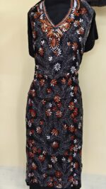 Kantha Salwar Suit Material – Black with White & Rust Floral Embroidery - Image 2
