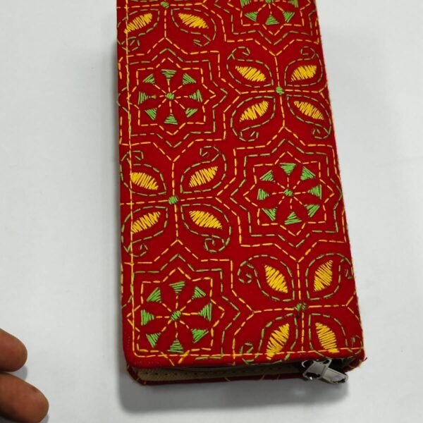 Red Kantha Cotton Zip Wallet – Double Zipper Compartmentsd