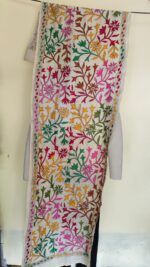 D Tussar Silk Kantha Stole – Off-White, Hand-Embroidered Floral Vines in Magenta, Yellow, Green & Brown - Image 3