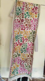 D Tussar Silk Kantha Stole – Off-White, Hand-Embroidered Floral Vines in Magenta, Yellow, Green & Brown