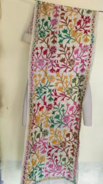 D Tussar Silk Kantha Stole – Off-White, Hand-Embroidered Floral Vines in Magenta, Yellow, Green & Brown - Image 2