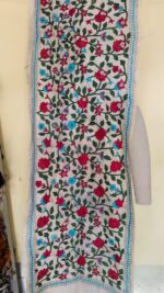 D Tussar Silk Kantha Stole – Off-White, Red & Teal Floral Vine