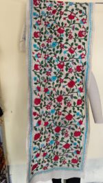 D Tussar Silk Kantha Stole – Off-White, Red & Teal Floral Vine - Image 3
