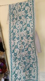 D Tussar Silk Kantha Stole – Off-White with Teal Vines - Image 3