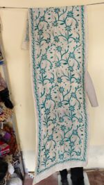 D Tussar Silk Kantha Stole – Off-White with Teal Vines - Image 2