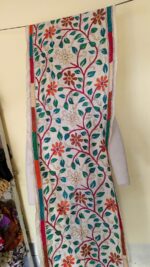 D Tussar Silk Kantha Stole – Off-White, Teal & Orange Vines - Image 3