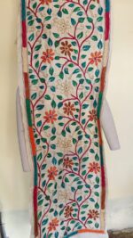 D Tussar Silk Kantha Stole – Off-White, Teal & Orange Vines - Image 2