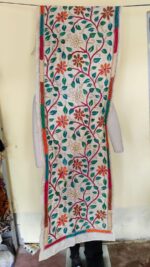 D Tussar Silk Kantha Stole – Off-White, Teal & Orange Vines