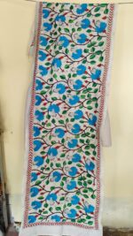 D Tussar Silk Kantha Stole – Off-White with Blue Floral Vines - Image 3