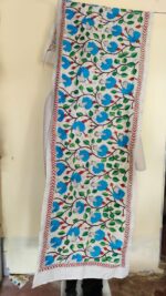 D Tussar Silk Kantha Stole – Off-White with Blue Floral Vines