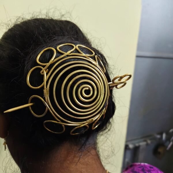 Brass Spiral Hair Bun Cage with Stick Pin – Gold Tone
