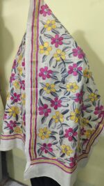 D Tussar Silk Kantha Stole – Off-White, Red & Yellow - Image 6