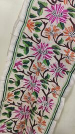 D Tussar Silk Kantha Stole – Off-White, Multicolor Floral - Image 4